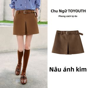 Toyouth | Chân váy chữ A thắt lưng giả da lộn phong cách Vintage