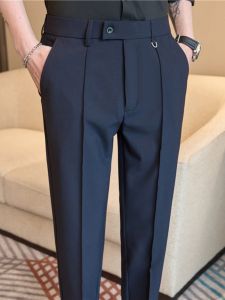 Casual Slim Fit Blue West Pants Mens Nine-Piece Trousers Fashionable Business Casual Style Polyester Blend Breathable Elastic