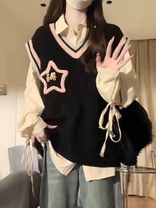 Luxurious Knitted Vest Top And Belted Shirt Set for Women Fashionable Two-Piece Ensemble Student Friendly Quality Material