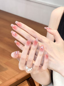Handmade Mid-length False Nails Fragmented Diamonds Beige Butterfly Nail Stickers