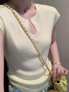 HUOLISI | Korean Style Short Sleeve Fitted Yellow Knit T-shirt