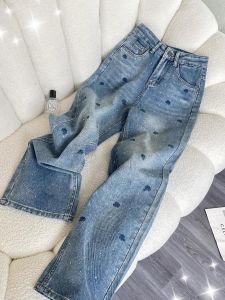 Fashionable Embroidered Rhinestone Denim Jeans Womens Loose Straight Leg Wide Leg Pants High Waist Casual Style Summer 2025
