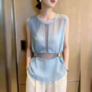KUNAILIN | Commute Style Light Blue Sleeveless Womens Top Summer Cut-out Design