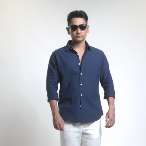 VENGOZ Kemeja Pria Slim Fit Linen Blend Shirt - Navy LS