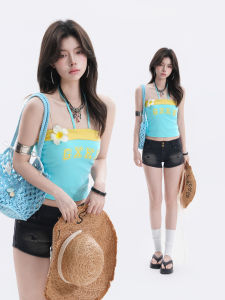 Summer Youthful American Spicy Style Dopamine Color Printed Halter Top Vest