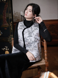 JK＆JS | Áo Gile Nữ Dệt Jacquard Vải Chenille Lông Giả Phong Cách Trung Hoa Mới