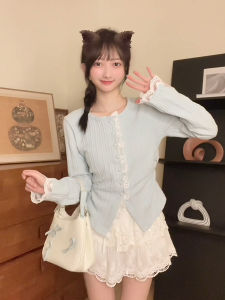 Áo Len Dệt Kim Tay Dài Phong Cách Pháp Dành Cho Nữ Viền Ren Nút Cạp Cao Áo Ngắn Hở Vai Chất Liệu Polyester Mùa Thu