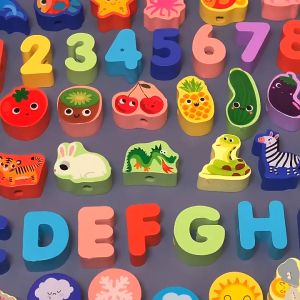 39/41/48 or 52pcs Kids Early Learning Wooden Montessori String Lacing Threading Educational Toy Beads