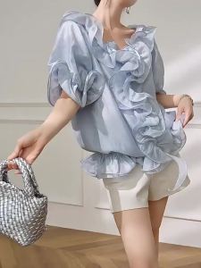 Summer Short Sleeve Blue Ruffle Wave Design Womens Top