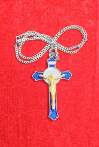 St. Benedict Exorcism Crucifix Blue Silver Gold Pendant 1.75x3 inches with 24 inches Long Stainless Silver Chain Necklaces for Protection Against Bad Luck with free assorted color boxes.