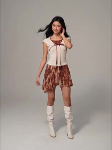 Áo Thun Bodycon Cổ V Vintage Đính Nơ Bằng Satin