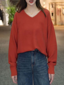 QINGNAER | Fashionable V-neck Long Sleeve Loose Fit Knitwear
