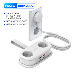 ORICO | ORICO Cable-Wrap Portable Travel Power Strip 65W GaN Fast Charging Station with 2 AC Outlets 2 USB 2 Type-C EU Plug Adapter Home