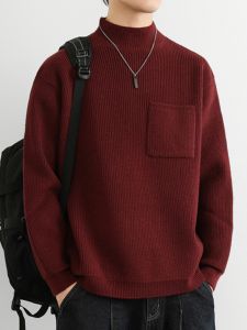 เสื้อสเวตเตอร์คอปกต่ำสีแดงสำหรับผู้ชาย เสื้อสเวตเตอร์ถัก คอปกต่ำ เสื้อชั้นใน ความรู้สึกระดับไฮเอนด์ เสื้อผ้าผู้ชาย