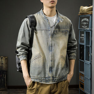 Retro American Washed Denim Jacket Mens Short Stand Collar Autumn Winter Casual Jacket Trendy Cotton Polyester Blend