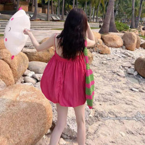 Sweet Summer Slant Strap Cute Mini Dress in Red Hot Pink Cotton Blend Material for College Girls 18-24