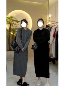 คริสต์มาสสีแดงถัก มีฮู้ด เดรส ผู้หญิง ฤดูใบไม้ร่วง ฤดูหนาว รูปแบบใหม่ หลวม Lazy Base Layer เสื้อสเวตเตอร์ ยาว เดรส สําหรับ เสื้อโค้ท สวมใส่ด้านใน