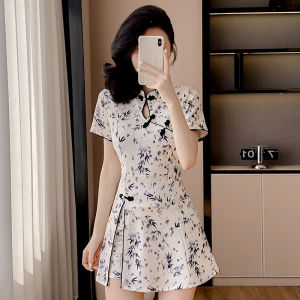 New Chinese Style Improved Cheongsam Dress Massage Technician Work Uniform Short Sleeve Short Pants Set for Women Cover Belly