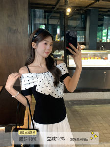 French Dot Splice Off-Shoulder Short Sleeve T-Shirt Women Summer