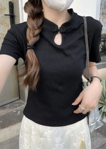 Slim Fit Short Sleeve T-Shirt Womens plus Size Summer Thin Style Chinese National Style Button Shoulder Top Commute Korean Style Pure Color