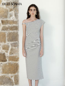 Cello Sonata | Woven Irregular Artificial Silk Ruffles Commuter Off-shoulder Dress