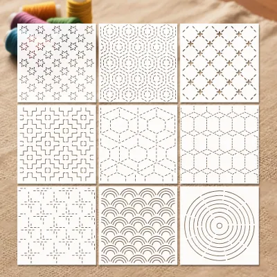 YOMDID 9pcs Sashiko Embroidery Templates Reusable PET Sewing Stencils DIY Embroidery Patterns Geometric Line Quilting Template