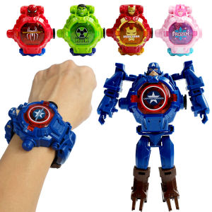 Marvel iron Man Spiderman Cartoons Childrens watch Deformation robot 3d LED Luminous watch Childrens model toy watch