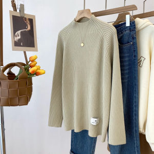 เสื้อสเวตเตอร์ถักหนาคอปกสูงสไตล์เกาหลีสำหรับผู้หญิง ทรงหลวม สวมใส่สบาย เสื้อเชิ้ตถักลายทางสำหรับฤดูใบไม้ร่วงและฤดูหนาว