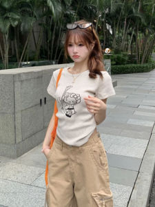 YUEZHONGWEI | American Style Shoulder Cat Print Round Neck Short Sleeve T-Shirt Women Summer Design Slim Fit Short Length Casual Top