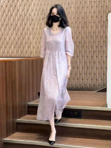 Elegant French Style Knee-Length Dress Womens Summer New Loose Fit Breathable Maternity Dress A-Line Skirt Bubble Sleeve