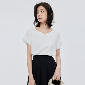 Thin V-neck Elegant Top Fashionable Design Sense Niche Loose Flab Hiding White Double Layer Short-Sleeved Chiffon Shirt Womens Summer Style