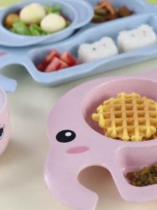 6pcs / set Kids Dinner Bowl Plate Wheat Straw Kids Tableware Dinner Plate Cartoon Drop-resistant Food Supplement Bowl Cup