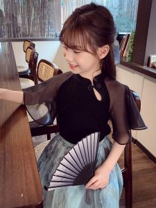 Girls Short Sleeve T-Shirt Childrens Summer New Chinese Style Bottom Shirt National Style Button Short Girls Top