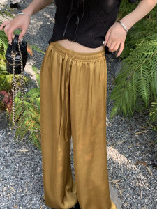 New Chinese Style Womens High Waist Straight Leg Pants Summer Thin Drapey Silk Wide Leg Trousers Casual Comfortable Pants