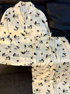 Pinggu ผู้หญิง แขนยาว ชุดนอน Ice ผ้าไหม ชุดอยู่บ้าน การ์ตูน พิมพ์ ฤดูใบไม้ผลิ ฤดูใบไม้ร่วง ฤดูร้อน ลำลอง ใส่สบาย ชุดนอน