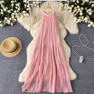 Summer Vacation Feel Beachy Sleeveless Neck Hanging Dress Womens Loose French Style Long Dress Sweetly Tied High Waist A-Line Skirt