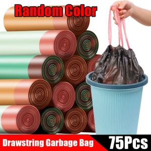 75pcs/5Rolls Drawstring Garbage Bag Disposable Thickened Kitchen Garbage Bag Portable Mixed Color Thicken Garbage Bag Trash Can Liner Bags Extra Load-bearing Garbage Bag