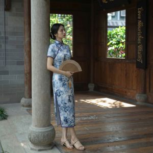 Floral Retro Style New Chinese Cheongsam Dress Light Blue Breathable Short Sleeve