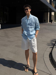ZHUOCAN | Vintage Style Blue Linen Mens Summer Beach Sunscreen Long Sleeve Relax Fit Lightweight Shirt