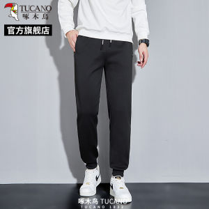 TUCANO Mens Fleece Lined Straight Leg Pants Casual Sporty Black Cuffed Trousers Autumn Winter New Arrival Korean Style