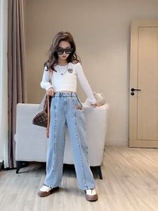 BabyQQ กางเกงยีนส์เด็กผู้หญิงเกาหลีเด็กโตกางเกงทรงขากระบอก กางเกงยีนเด็กช ส่งจากไทย