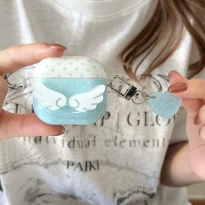 Fresh Blue Wave Point Stereoscopic Wings Love With Pendant Shock Proof Earphone Cover Case for AirPods 1 or 2 3 4 Pro 2