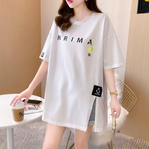 LUCKIN STORE Women's Summer T-Shirt: Hem Split Print & Loose Short Sleeve Top