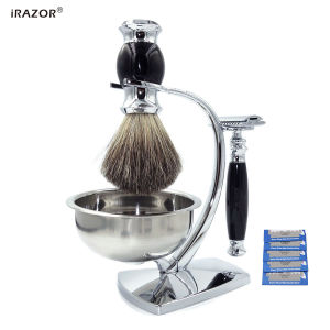 iRAZOR Classic Shaving Set - Double Edge Safety Razor with10 Original Blades Magnetic Stand Soap Bowl Badger Brush for Christmas