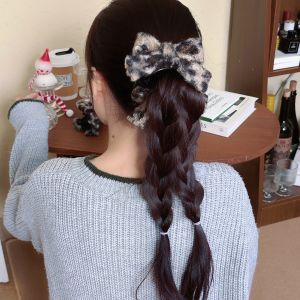 กิ๊บติดผมทรงหัวกลมขนนุ่มลายเสือดาวสำหรับผู้หญิง ทรงเรโทรฤดูใบไม้ร่วงและฤดูหนาว กิ๊บติดผมแบบสองด้านที่มีโบว์ผีเสื้อสุดหรูหรา