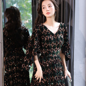 Plus Size Light Luxury Minority High-End Evening Dress Female Fat mm 100.00kg Slim Looking Banquet Temperament Queen Performance Host