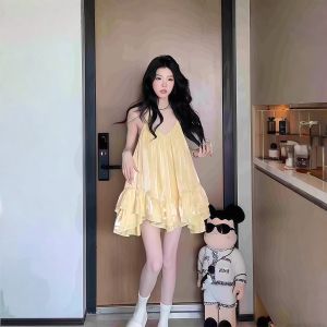 NINGXI | French Sweet Gentle Backless V-neck Strap Dress