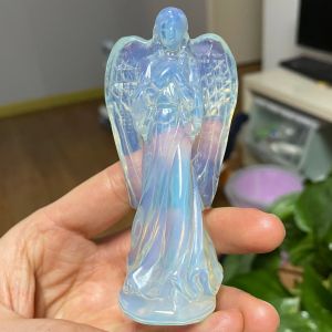 Natural Albumin Stone Angel Statue Stone Carving Natural Opal Crystal Reiki Healing Figurine Home Decoration Trinket Craft Gift