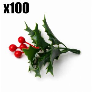 10/100pcs nhân tạo holly quả mọng đỏ Pick với lá xanh vòng hoa giáng sinh Vòng Hoa bó hoa Tự làm Berry giả Cây tầm gửi sprig cung cấp