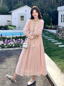 Pink French Style Romantic Belted Waist Dress Womens Autumn New Gentle Style Slimming First Love Dress Casual Long Sleeve